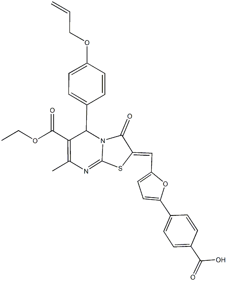 4-{5-[(5-[4-(allyloxy)phenyl]-6-(ethoxycarbonyl)-7-methyl-3-oxo-5H-[1,3]thiazolo[3,2-a]pyrimidin-2(3H)-ylidene)methyl]-2-furyl}benzoic acid 结构式