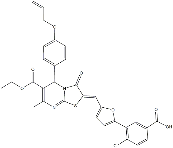 3-{5-[(5-[4-(allyloxy)phenyl]-6-(ethoxycarbonyl)-7-methyl-3-oxo-5H-[1,3]thiazolo[3,2-a]pyrimidin-2(3H)-ylidene)methyl]-2-furyl}-4-chlorobenzoic acid 结构式