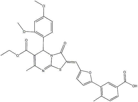 3-{5-[(5-(2,4-dimethoxyphenyl)-6-(ethoxycarbonyl)-7-methyl-3-oxo-5H-[1,3]thiazolo[3,2-a]pyrimidin-2(3H)-ylidene)methyl]-2-furyl}-4-methylbenzoic acid 结构式