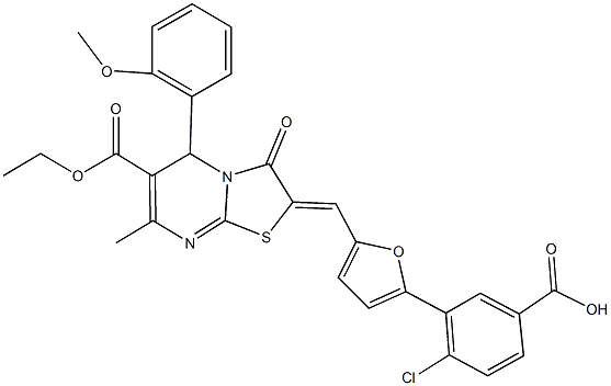 4-chloro-3-{5-[(6-(ethoxycarbonyl)-5-(2-methoxyphenyl)-7-methyl-3-oxo-5H-[1,3]thiazolo[3,2-a]pyrimidin-2(3H)-ylidene)methyl]-2-furyl}benzoic acid 结构式