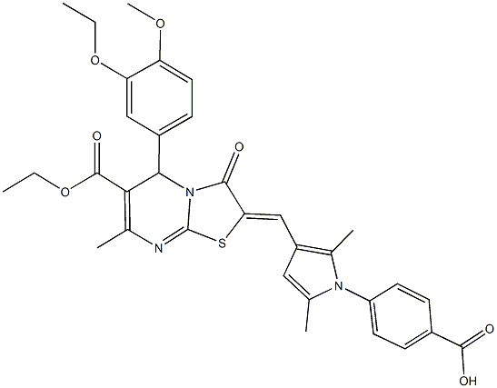 4-{3-[(6-(ethoxycarbonyl)-5-(3-ethoxy-4-methoxyphenyl)-7-methyl-3-oxo-5H-[1,3]thiazolo[3,2-a]pyrimidin-2(3H)-ylidene)methyl]-2,5-dimethyl-1H-pyrrol-1-yl}benzoic acid 结构式