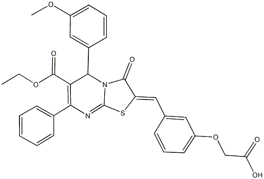 {3-[(6-(ethoxycarbonyl)-5-(3-methoxyphenyl)-3-oxo-7-phenyl-5H-[1,3]thiazolo[3,2-a]pyrimidin-2(3H)-ylidene)methyl]phenoxy}acetic acid 结构式