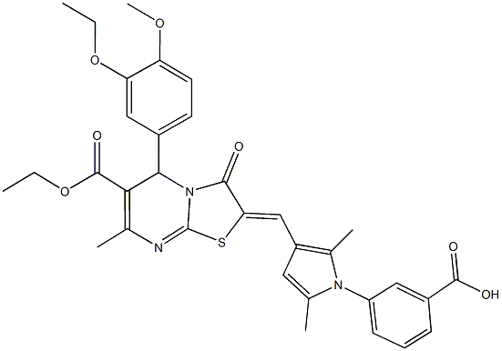 3-{3-[(6-(ethoxycarbonyl)-5-(3-ethoxy-4-methoxyphenyl)-7-methyl-3-oxo-5H-[1,3]thiazolo[3,2-a]pyrimidin-2(3H)-ylidene)methyl]-2,5-dimethyl-1H-pyrrol-1-yl}benzoic acid 结构式