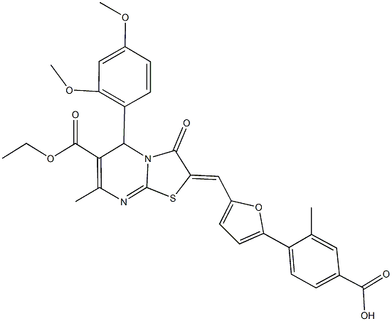 4-{5-[(5-(2,4-dimethoxyphenyl)-6-(ethoxycarbonyl)-7-methyl-3-oxo-5H-[1,3]thiazolo[3,2-a]pyrimidin-2(3H)-ylidene)methyl]-2-furyl}-3-methylbenzoic acid 结构式