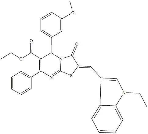 ethyl 2-[(1-ethyl-1H-indol-3-yl)methylene]-5-(3-methoxyphenyl)-3-oxo-7-phenyl-2,3-dihydro-5H-[1,3]thiazolo[3,2-a]pyrimidine-6-carboxylate 结构式