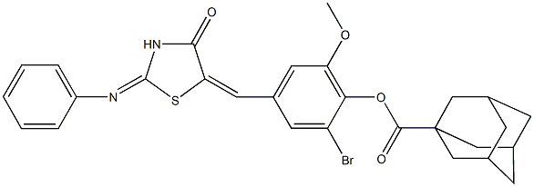 2-bromo-6-methoxy-4-{[4-oxo-2-(phenylimino)-1,3-thiazolidin-5-ylidene]methyl}phenyl 1-adamantanecarboxylate 结构式