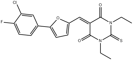 5-{[5-(3-chloro-4-fluorophenyl)-2-furyl]methylene}-1,3-diethyl-2-thioxodihydro-4,6(1H,5H)-pyrimidinedione 结构式
