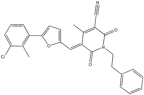 5-{[5-(3-chloro-2-methylphenyl)-2-furyl]methylene}-4-methyl-2,6-dioxo-1-(2-phenylethyl)-1,2,5,6-tetrahydro-3-pyridinecarbonitrile 结构式
