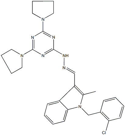 1-(2-chlorobenzyl)-2-methyl-1H-indole-3-carbaldehyde (4,6-dipyrrolidin-1-yl-1,3,5-triazin-2-yl)hydrazone 结构式