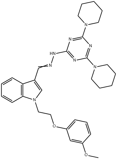 1-[2-(3-methoxyphenoxy)ethyl]-1H-indole-3-carbaldehyde (4,6-dipiperidin-1-yl-1,3,5-triazin-2-yl)hydrazone 结构式