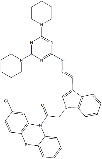 1-[2-(2-chloro-10H-phenothiazin-10-yl)-2-oxoethyl]-1H-indole-3-carbaldehyde (4,6-dipiperidin-1-yl-1,3,5-triazin-2-yl)hydrazone 结构式