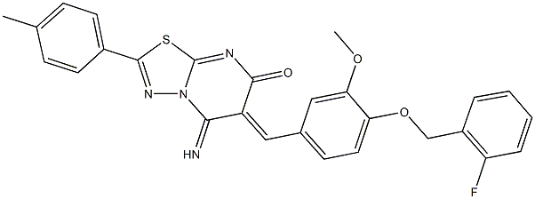 6-{4-[(2-fluorobenzyl)oxy]-3-methoxybenzylidene}-5-imino-2-(4-methylphenyl)-5,6-dihydro-7H-[1,3,4]thiadiazolo[3,2-a]pyrimidin-7-one 结构式