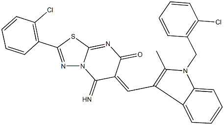 6-{[1-(2-chlorobenzyl)-2-methyl-1H-indol-3-yl]methylene}-2-(2-chlorophenyl)-5-imino-5,6-dihydro-7H-[1,3,4]thiadiazolo[3,2-a]pyrimidin-7-one 结构式