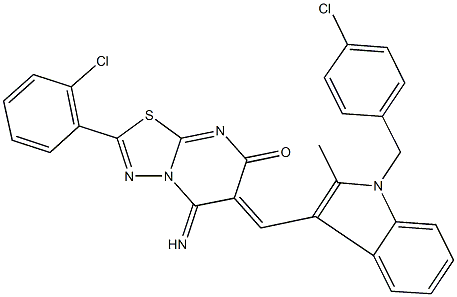 6-{[1-(4-chlorobenzyl)-2-methyl-1H-indol-3-yl]methylene}-2-(2-chlorophenyl)-5-imino-5,6-dihydro-7H-[1,3,4]thiadiazolo[3,2-a]pyrimidin-7-one 结构式