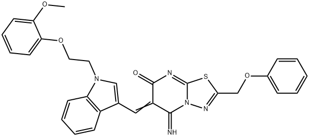 5-imino-6-({1-[2-(2-methoxyphenoxy)ethyl]-1H-indol-3-yl}methylene)-2-(phenoxymethyl)-5,6-dihydro-7H-[1,3,4]thiadiazolo[3,2-a]pyrimidin-7-one 结构式