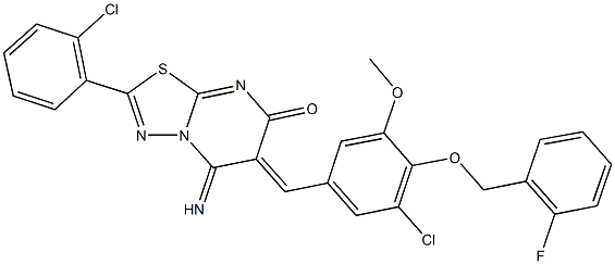 6-{3-chloro-4-[(2-fluorobenzyl)oxy]-5-methoxybenzylidene}-2-(2-chlorophenyl)-5-imino-5,6-dihydro-7H-[1,3,4]thiadiazolo[3,2-a]pyrimidin-7-one 结构式