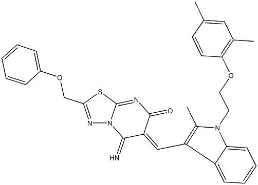 6-({1-[2-(2,4-dimethylphenoxy)ethyl]-2-methyl-1H-indol-3-yl}methylene)-5-imino-2-(phenoxymethyl)-5,6-dihydro-7H-[1,3,4]thiadiazolo[3,2-a]pyrimidin-7-one 结构式