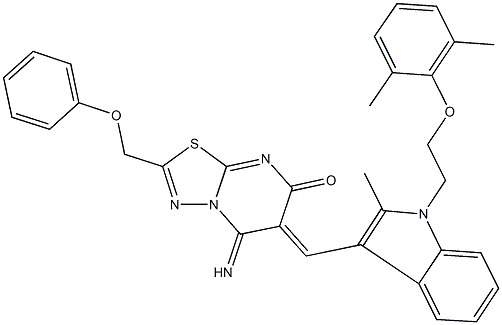 6-({1-[2-(2,6-dimethylphenoxy)ethyl]-2-methyl-1H-indol-3-yl}methylene)-5-imino-2-(phenoxymethyl)-5,6-dihydro-7H-[1,3,4]thiadiazolo[3,2-a]pyrimidin-7-one 结构式