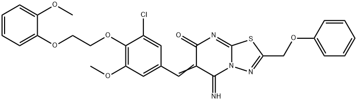 6-{3-chloro-5-methoxy-4-[2-(2-methoxyphenoxy)ethoxy]benzylidene}-5-imino-2-(phenoxymethyl)-5,6-dihydro-7H-[1,3,4]thiadiazolo[3,2-a]pyrimidin-7-one 结构式