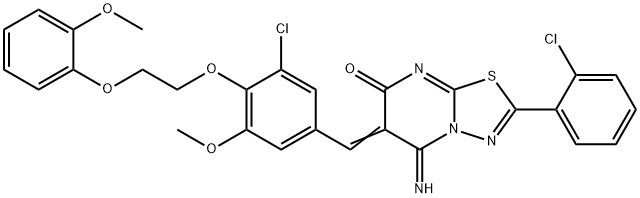 6-{3-chloro-5-methoxy-4-[2-(2-methoxyphenoxy)ethoxy]benzylidene}-2-(2-chlorophenyl)-5-imino-5,6-dihydro-7H-[1,3,4]thiadiazolo[3,2-a]pyrimidin-7-one 结构式