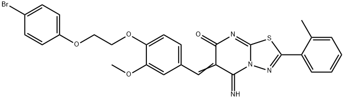 6-{4-[2-(4-bromophenoxy)ethoxy]-3-methoxybenzylidene}-5-imino-2-(2-methylphenyl)-5,6-dihydro-7H-[1,3,4]thiadiazolo[3,2-a]pyrimidin-7-one 结构式