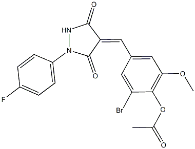 2-bromo-4-{[1-(4-fluorophenyl)-3,5-dioxo-4-pyrazolidinylidene]methyl}-6-methoxyphenyl acetate 结构式