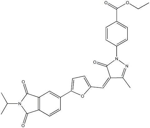 ethyl 4-(4-{[5-(2-isopropyl-1,3-dioxo-2,3-dihydro-1H-isoindol-5-yl)-2-furyl]methylene}-3-methyl-5-oxo-4,5-dihydro-1H-pyrazol-1-yl)benzoate 结构式