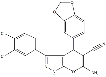 6-amino-4-(1,3-benzodioxol-5-yl)-3-(3,4-dichlorophenyl)-1,4-dihydropyrano[2,3-c]pyrazole-5-carbonitrile 结构式