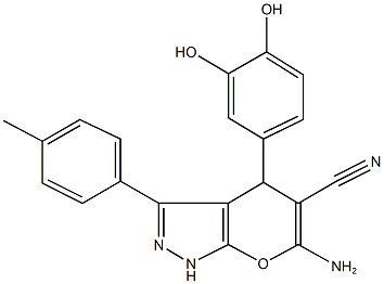 6-amino-4-(3,4-dihydroxyphenyl)-3-(4-methylphenyl)-1,4-dihydropyrano[2,3-c]pyrazole-5-carbonitrile 结构式