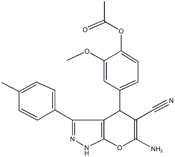 4-[6-amino-5-cyano-3-(4-methylphenyl)-1,4-dihydropyrano[2,3-c]pyrazol-4-yl]-2-methoxyphenyl acetate 结构式