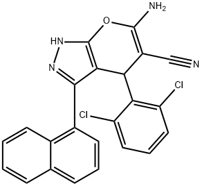 6-amino-4-(2,6-dichlorophenyl)-3-(1-naphthyl)-1,4-dihydropyrano[2,3-c]pyrazole-5-carbonitrile 结构式