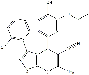 6-amino-3-(2-chlorophenyl)-4-(3-ethoxy-4-hydroxyphenyl)-1,4-dihydropyrano[2,3-c]pyrazole-5-carbonitrile 结构式