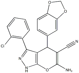 6-amino-4-(1,3-benzodioxol-5-yl)-3-(2-chlorophenyl)-1,4-dihydropyrano[2,3-c]pyrazole-5-carbonitrile 结构式