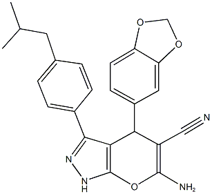 6-amino-4-(1,3-benzodioxol-5-yl)-3-(4-isobutylphenyl)-1,4-dihydropyrano[2,3-c]pyrazole-5-carbonitrile 结构式