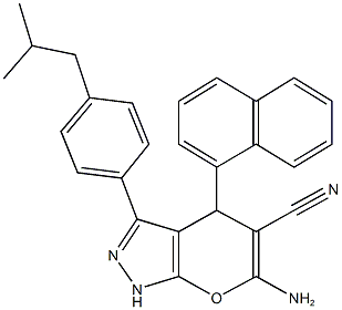 6-amino-3-(4-isobutylphenyl)-4-(1-naphthyl)-1,4-dihydropyrano[2,3-c]pyrazole-5-carbonitrile 结构式