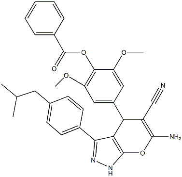 4-[6-amino-5-cyano-3-(4-isobutylphenyl)-1,4-dihydropyrano[2,3-c]pyrazol-4-yl]-2,6-dimethoxyphenyl benzoate 结构式