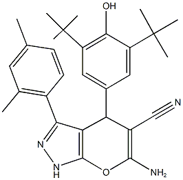 6-amino-4-(3,5-ditert-butyl-4-hydroxyphenyl)-3-(2,4-dimethylphenyl)-1,4-dihydropyrano[2,3-c]pyrazole-5-carbonitrile 结构式