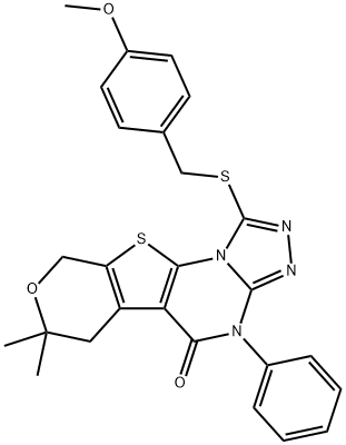 1-[(4-methoxybenzyl)sulfanyl]-7,7-dimethyl-4-phenyl-6,9-dihydro-7H-pyrano[4',3':4,5]thieno[3,2-e][1,2,4]triazolo[4,3-a]pyrimidin-5(4H)-one 结构式