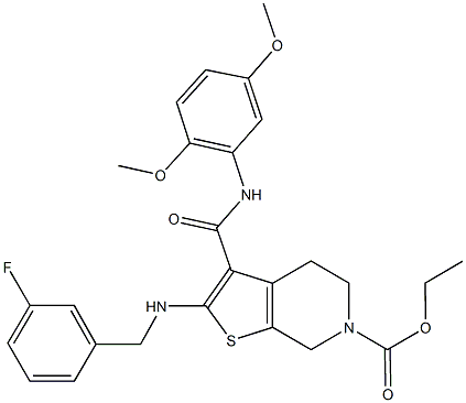 ethyl 3-[(2,5-dimethoxyanilino)carbonyl]-2-[(3-fluorobenzyl)amino]-4,7-dihydrothieno[2,3-c]pyridine-6(5H)-carboxylate 结构式