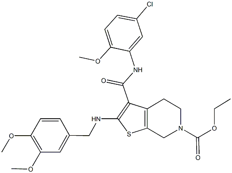 ethyl 3-[(5-chloro-2-methoxyanilino)carbonyl]-2-[(3,4-dimethoxybenzyl)amino]-4,7-dihydrothieno[2,3-c]pyridine-6(5H)-carboxylate 结构式