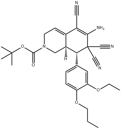 tert-butyl 6-amino-5,7,7-tricyano-8-(3-ethoxy-4-propoxyphenyl)-3,7,8,8a-tetrahydro-2(1H)-isoquinolinecarboxylate 结构式