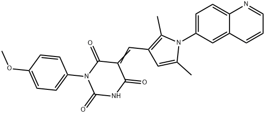 5-{[2,5-dimethyl-1-(6-quinolinyl)-1H-pyrrol-3-yl]methylene}-1-(4-methoxyphenyl)-2,4,6(1H,3H,5H)-pyrimidinetrione 结构式