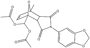 (acetyloxy)[4-(1,3-benzodioxol-5-yl)-7-methyl-3,5-dioxo-10-oxa-4-azatricyclo[5.2.1.0~2,6~]dec-8-en-1-yl]methyl acetate 结构式