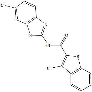 3-chloro-N-(6-chloro-1,3-benzothiazol-2-yl)-1-benzothiophene-2-carboxamide 结构式