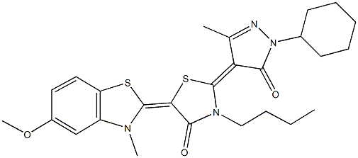 3-butyl-2-(1-cyclohexyl-3-methyl-5-oxo-1,5-dihydro-4H-pyrazol-4-ylidene)-5-(5-methoxy-3-methyl-1,3-benzothiazol-2(3H)-ylidene)-1,3-thiazolidin-4-one 结构式