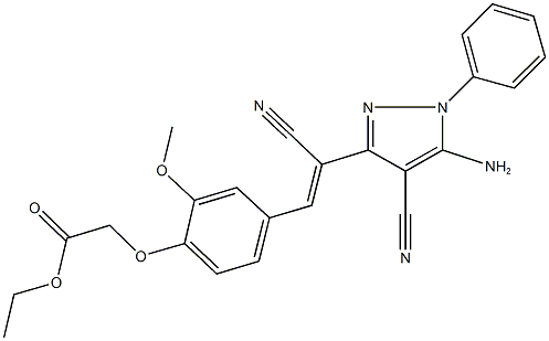 ethyl {4-[2-(5-amino-4-cyano-1-phenyl-1H-pyrazol-3-yl)-2-cyanovinyl]-2-methoxyphenoxy}acetate 结构式