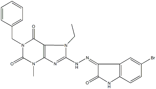 1-benzyl-8-[2-(5-bromo-2-oxo-1,2-dihydro-3H-indol-3-ylidene)hydrazino]-7-ethyl-3-methyl-3,7-dihydro-1H-purine-2,6-dione 结构式