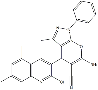 6-amino-4-(2-chloro-5,7-dimethyl-3-quinolinyl)-3-methyl-1-phenyl-1,4-dihydropyrano[2,3-c]pyrazole-5-carbonitrile 结构式