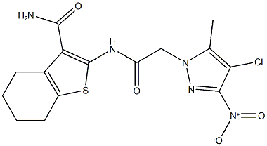 2-[({4-chloro-3-nitro-5-methyl-1H-pyrazol-1-yl}acetyl)amino]-4,5,6,7-tetrahydro-1-benzothiophene-3-carboxamide 结构式