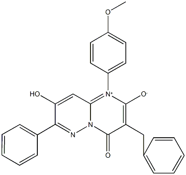 3-benzyl-8-hydroxy-1-(4-methoxyphenyl)-4-oxo-7-phenyl-4H-pyrimido[1,2-b]pyridazin-1-ium-2-olate 结构式